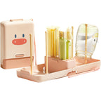 Set 7 Piese de Spalat/Uscat Biberoane, Portabil, Peri de Silicon, pentru Tetine, Suzete, Biberoane, Paie, Cutie Inclusa, 16.8 x 12 x 5 cm, Model Porcusor, Roz