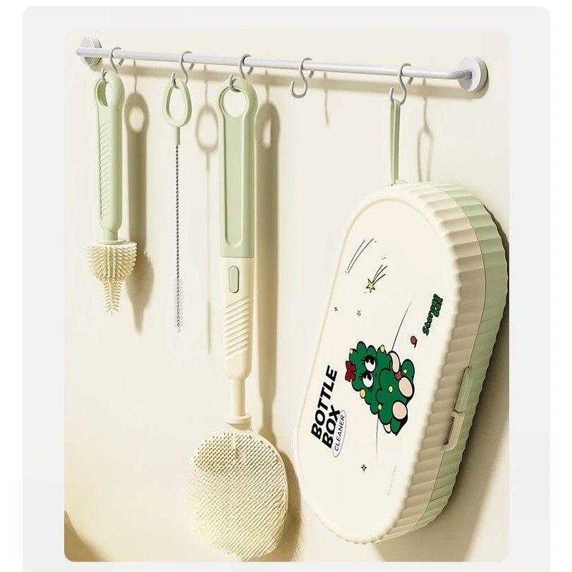 Set 7 Piese de Spalat/Uscat Biberoane, Portabil, Peri de Silicon, pentru Tetine, Suzete, Biberoane, Paie, Cutie Inclusa, 20 x 9.5 cm, Verde