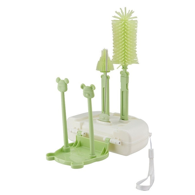 Set 7 Piese de Spalat/Uscat Biberoane, Portabil, Peri de Silicon, pentru Tetine, Suzete, Biberoane, Paie, Cutie Inclusa, 16 x 11 x 5 cm, Model Ursulet, Verde