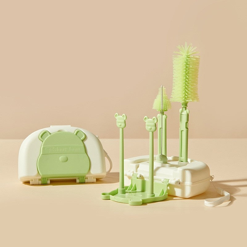 Set 7 Piese de Spalat/Uscat Biberoane, Portabil, Peri de Silicon, pentru Tetine, Suzete, Biberoane, Paie, Cutie Inclusa, 16 x 11 x 5 cm, Model Ursulet, Verde