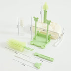 Set 7 Piese de Spalat/Uscat Biberoane, Portabil, Peri de Silicon, pentru Tetine, Suzete, Biberoane, Paie, Cutie Inclusa, 16 x 11 x 5 cm, Model Ursulet, Verde