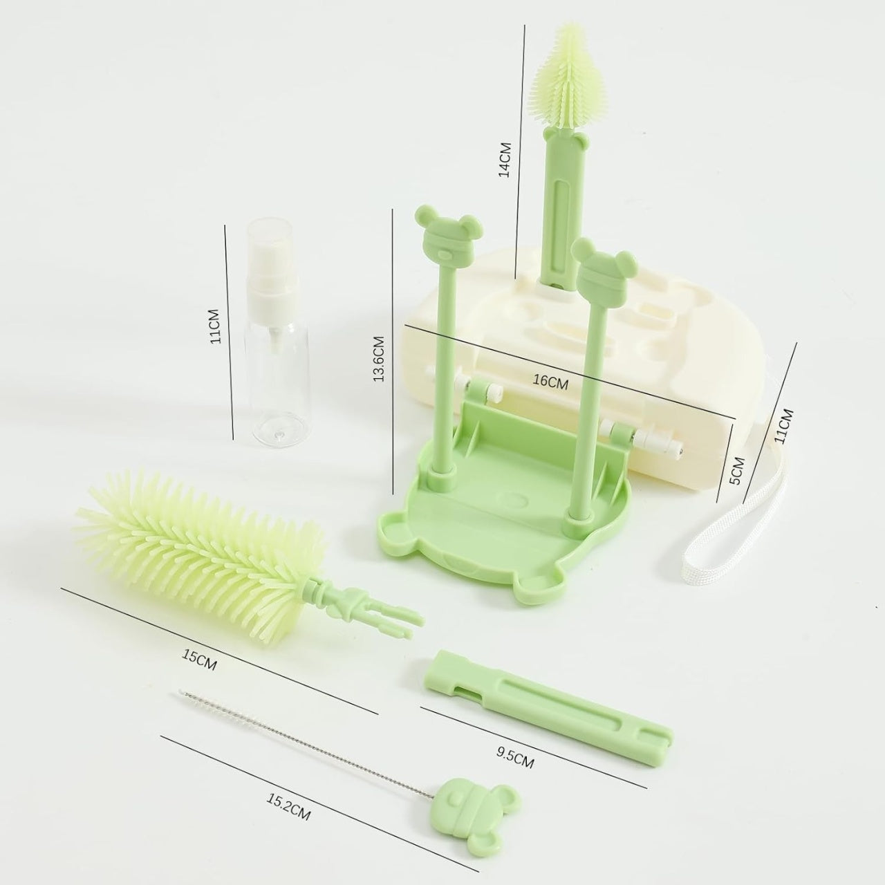 Set 7 Piese de Spalat/Uscat Biberoane, Portabil, Peri de Silicon, pentru Tetine, Suzete, Biberoane, Paie, Cutie Inclusa, 16 x 11 x 5 cm, Model Ursulet, Verde