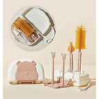 Set 7 Piese de Spalat/Uscat Biberoane, Portabil, Peri de Silicon, pentru Tetine, Suzete, Biberoane, Paie, Cutie Inclusa, 16 x 11 x 5 cm, Model Ursulet, Maro