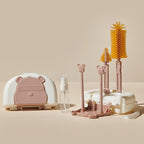 Set 7 Piese de Spalat/Uscat Biberoane, Portabil, Peri de Silicon, pentru Tetine, Suzete, Biberoane, Paie, Cutie Inclusa, 16 x 11 x 5 cm, Model Ursulet, Maro