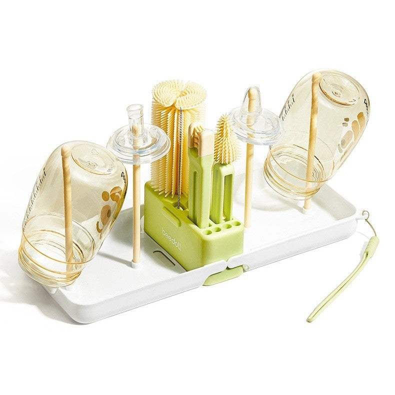 Set 7 Piese de Spalat/Uscat Biberoane, Portabil, Peri de Silicon, pentru Tetine, Suzete, Biberoane, Paie, Cutie Inclusa, 16.8 x 12 x 5 cm, Model Panda, Verde