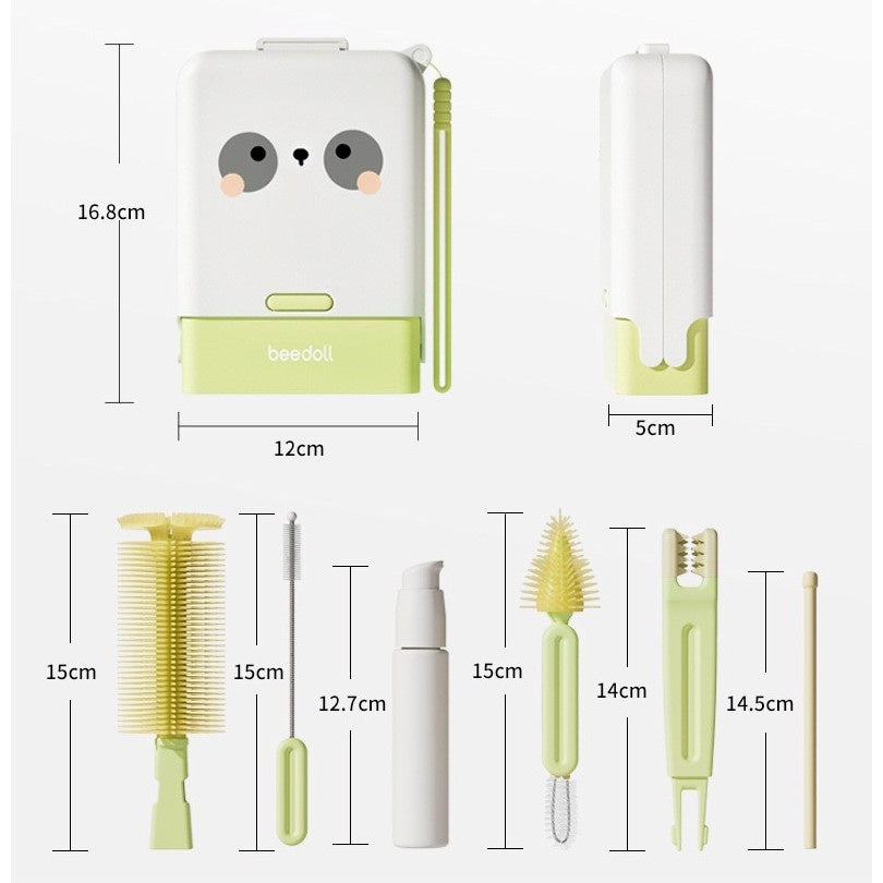 Set 7 Piese de Spalat/Uscat Biberoane, Portabil, Peri de Silicon, pentru Tetine, Suzete, Biberoane, Paie, Cutie Inclusa, 16.8 x 12 x 5 cm, Model Panda, Verde