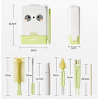 Set 7 Piese de Spalat/Uscat Biberoane, Portabil, Peri de Silicon, pentru Tetine, Suzete, Biberoane, Paie, Cutie Inclusa, 16.8 x 12 x 5 cm, Model Panda, Verde