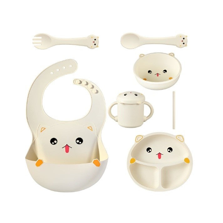 Set 7 Piese Hranire Bebelusi si Copii, din Silicon, fara BPA, de la 12 Luni, Model Pisicuta, 30 x 25 x 6 cm, Bej