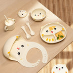 Set 7 Piese Hranire Bebelusi si Copii, din Silicon, fara BPA, de la 12 Luni, Model Pisicuta, 30 x 25 x 6 cm, Bej