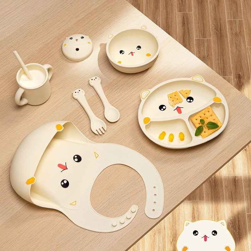 Set 7 Piese Hranire Bebelusi si Copii, din Silicon, fara BPA, de la 12 Luni, Model Pisicuta, 30 x 25 x 6 cm, Bej
