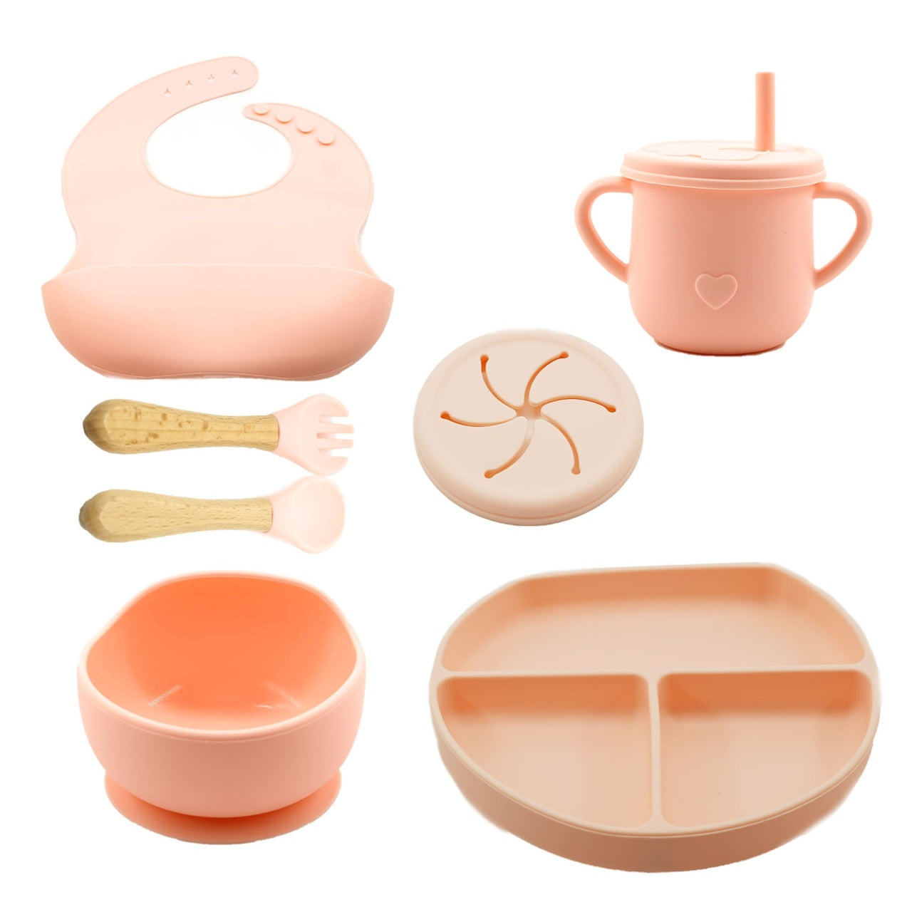 Set 8 piese diversificare bebelusi si copii din silicon, roz