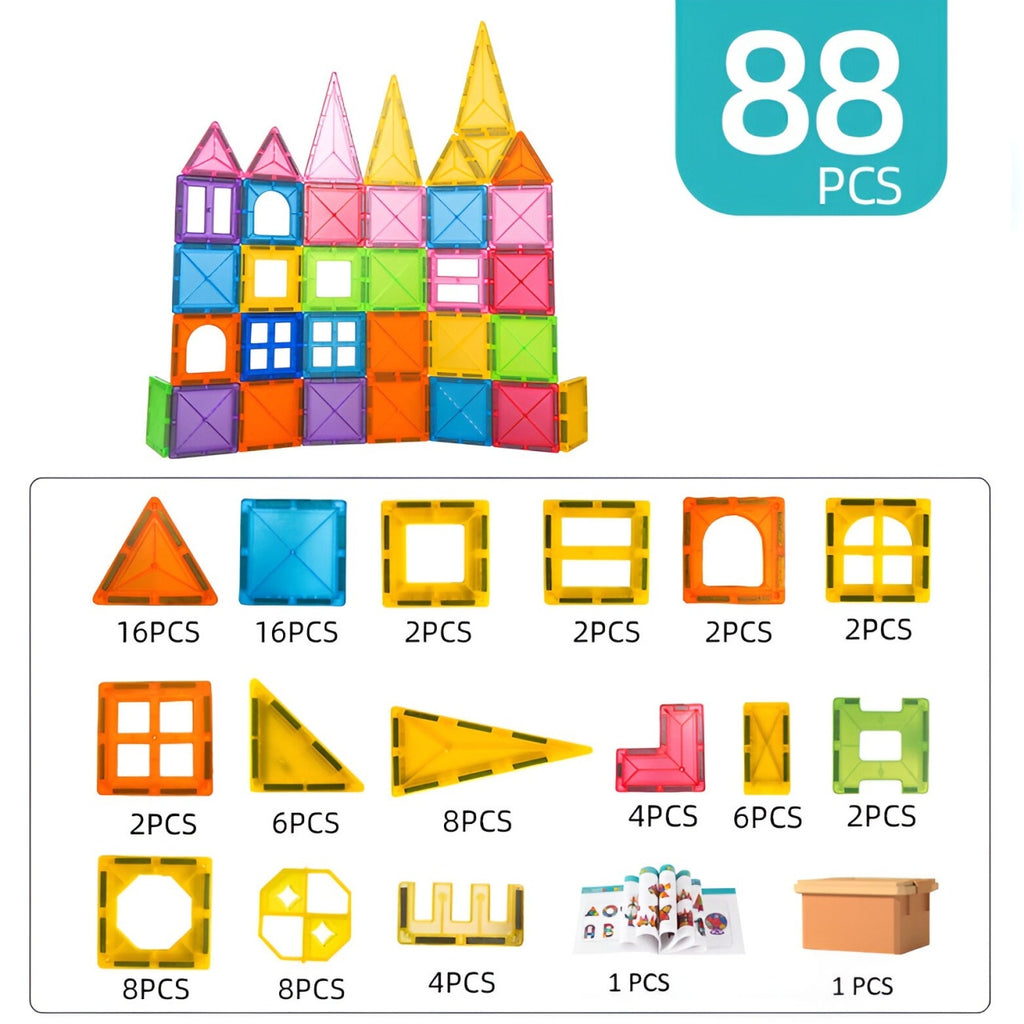 Set 88 Piese Magnetice de Constructie, Piese 5.5 cm, Magnetic Tiles, Forme Geometrice, 3 Ani, ABS, Magnet, 27.5 x 21.5 x 17 cm, Multicolor