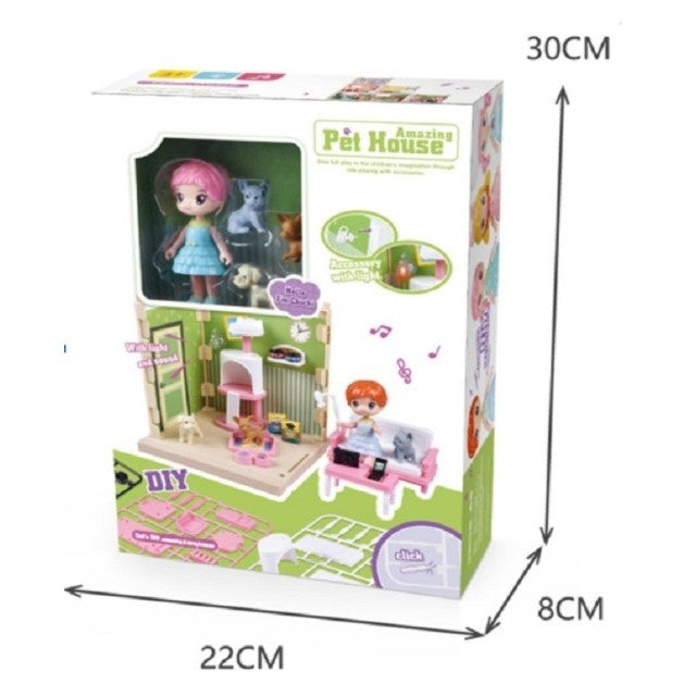 Set adapost pentru animalute casa de papusi cu mobilier si ustensile, activitati distractive