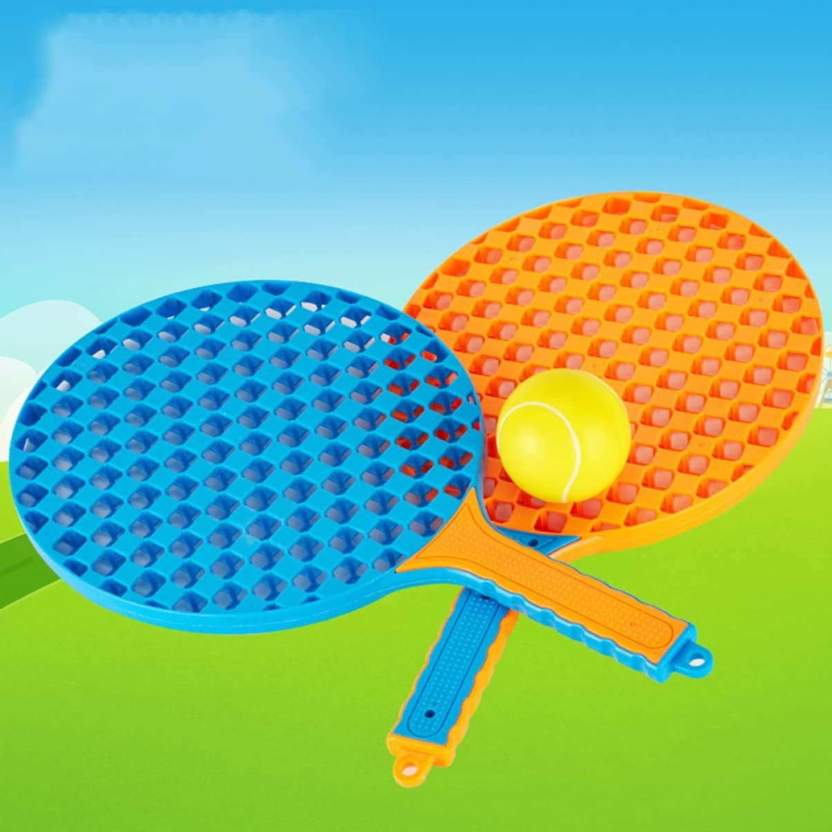 Set Badminton pentru Copii, 2 Palete, 3 Mingi, Pentru Joaca si Antrenament, Albastru Portocaliu