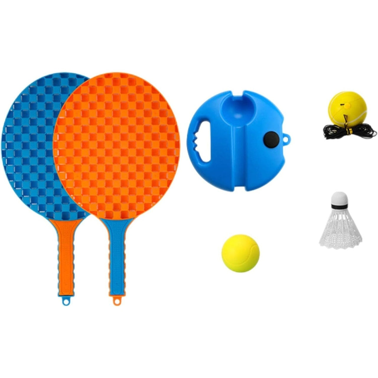 Set Badminton pentru Copii, Doua Palete, Fluturas, 2 Mingi, Minge cu Elastic pentru Antrenament, Suport de Prindere Stabil, 41x23 cm, Albastru Portocaliu