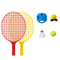 Set Badminton pentru Copii, Doua Palete, Fluturas, 2 Mingi, Minge cu Elastic pentru Antrenament, Suport de Prindere Stabil, 40.5x23 cm, Rosu Galben
