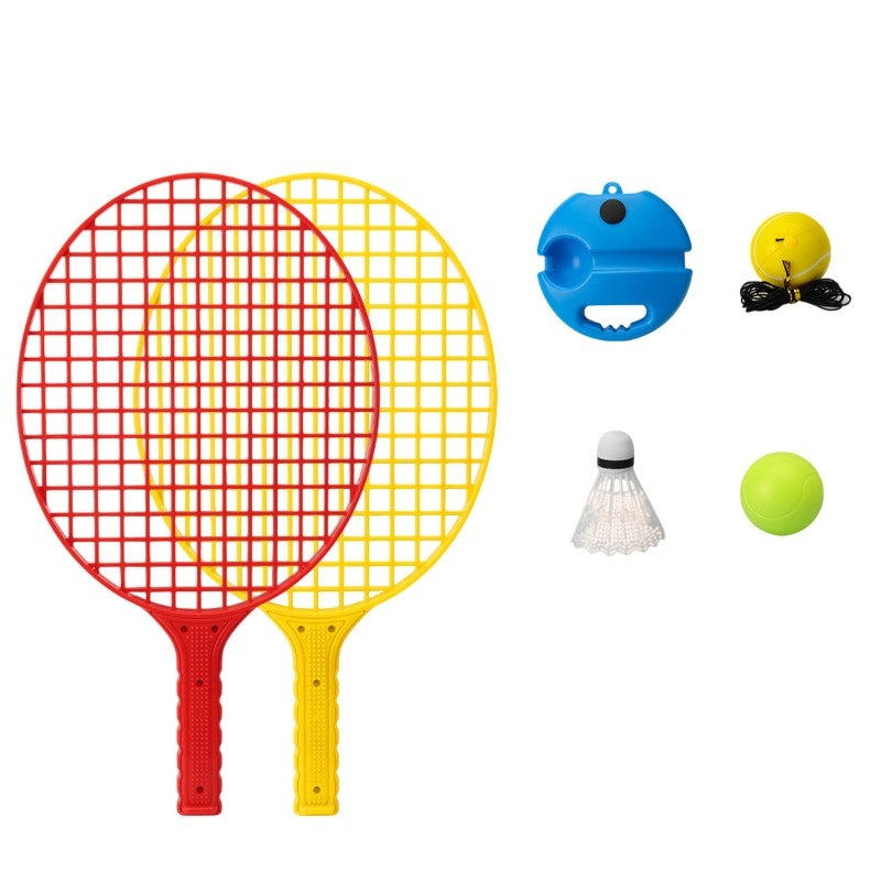 Set Badminton pentru Copii, Doua Palete, Fluturas, 2 Mingi, Minge cu Elastic pentru Antrenament, Suport de Prindere Stabil, 40.5x23 cm, Rosu Galben