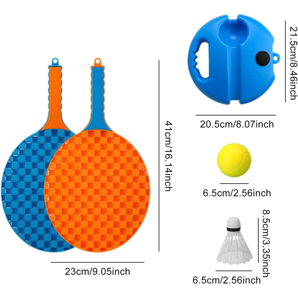 Set Badminton pentru Copii, Doua Palete, Fluturas, 2 Mingi, Minge cu Elastic pentru Antrenament, Suport de Prindere Stabil, 41x23 cm, Albastru Portocaliu