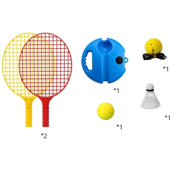 Set Badminton pentru Copii, Doua Palete, Fluturas, 2 Mingi, Minge cu Elastic pentru Antrenament, Suport de Prindere Stabil, 40.5x23 cm, Rosu Galben