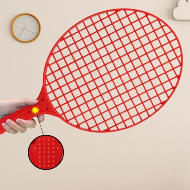 Set Badminton pentru Copii, Doua Palete, Fluturas, 2 Mingi, Minge cu Elastic pentru Antrenament, Suport de Prindere Stabil, 40.5x23 cm, Rosu Galben