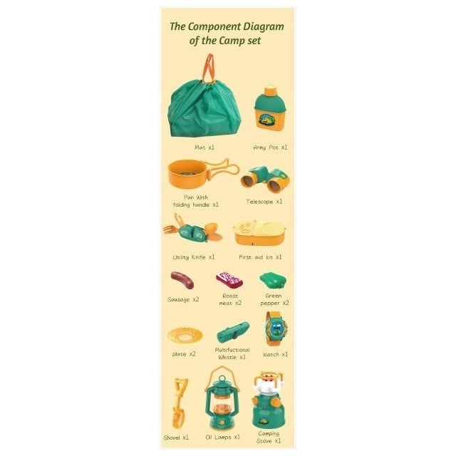 Set camping exterior/interior pentru copii, covoras, 18 ustensile de joaca, +3 ani, multicolor