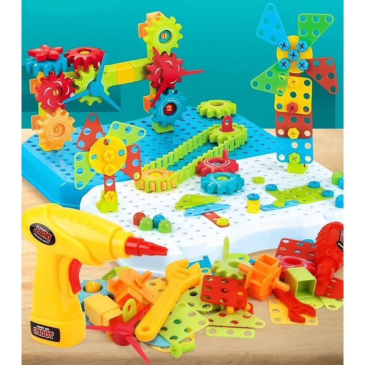 Set Constructie Bormasina Magica cu Servieta, 310 Piese, Albastru, Piese Multicolore, Plastic, 31x46 cm