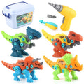 Set de Constructie/Asamblare, 4 Dinozauri, cu Bormasina Electrica, Baterii 2 x AA, Surubelnita si Cutie Depozitare, 22.5 x 14.5 x 15 cm, Multicolor