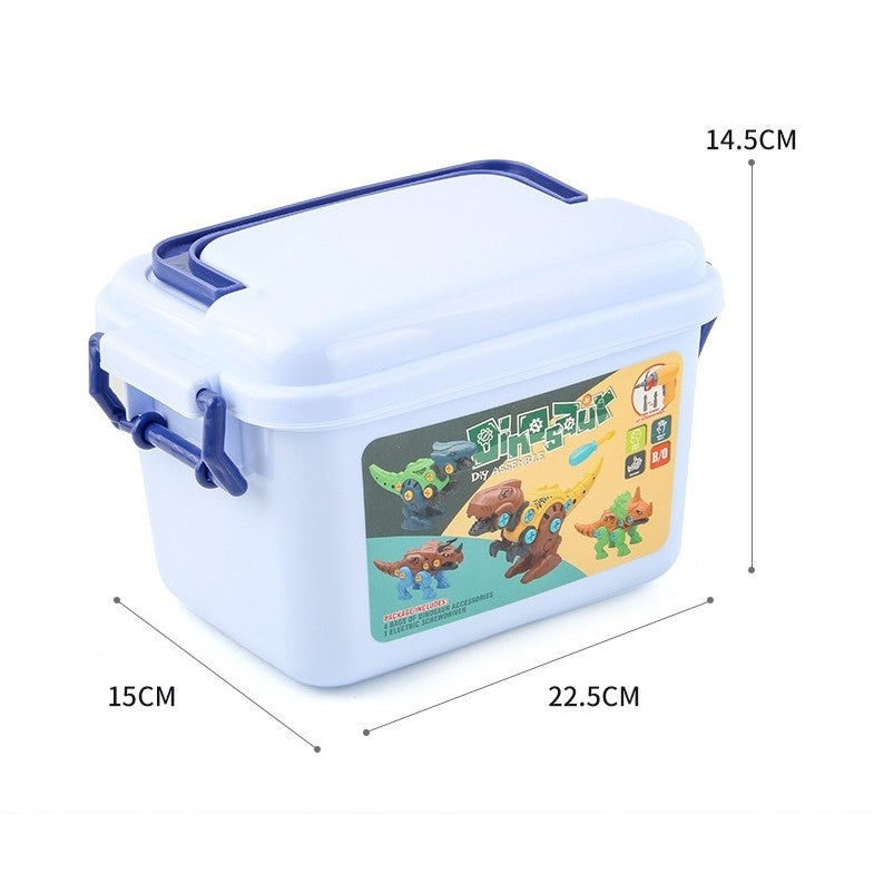 Set de Constructie/Asamblare, 4 Dinozauri, cu Bormasina Electrica, Baterii 2 x AA, Surubelnita si Cutie Depozitare, 22.5 x 14.5 x 15 cm, Multicolor