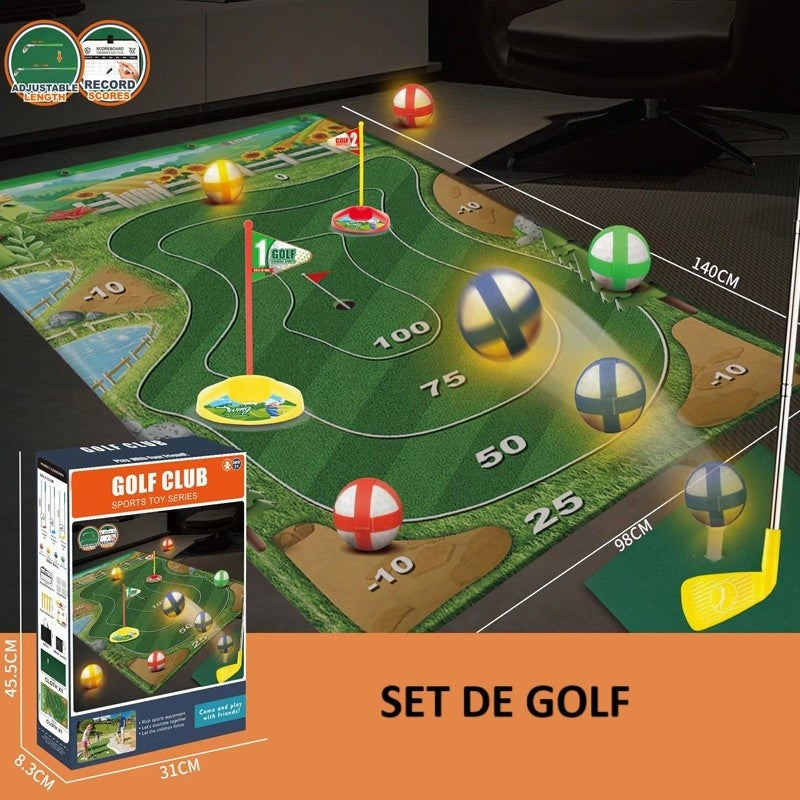 Set de Golf, Interactiune Parinte-Copil, Covor de Golf, 140 x 98 cm, 4 Mingii cu Scai, 3 Crose Reglabile, Model A, +3 Ani, Multicolor