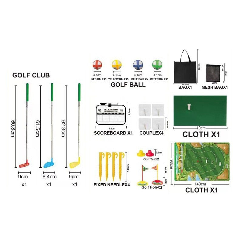 Set de Golf, Interactiune Parinte-Copil, Covor de Golf, 140 x 98 cm, 4 Mingii cu Scai, 3 Crose Reglabile, Model A, +3 Ani, Multicolor