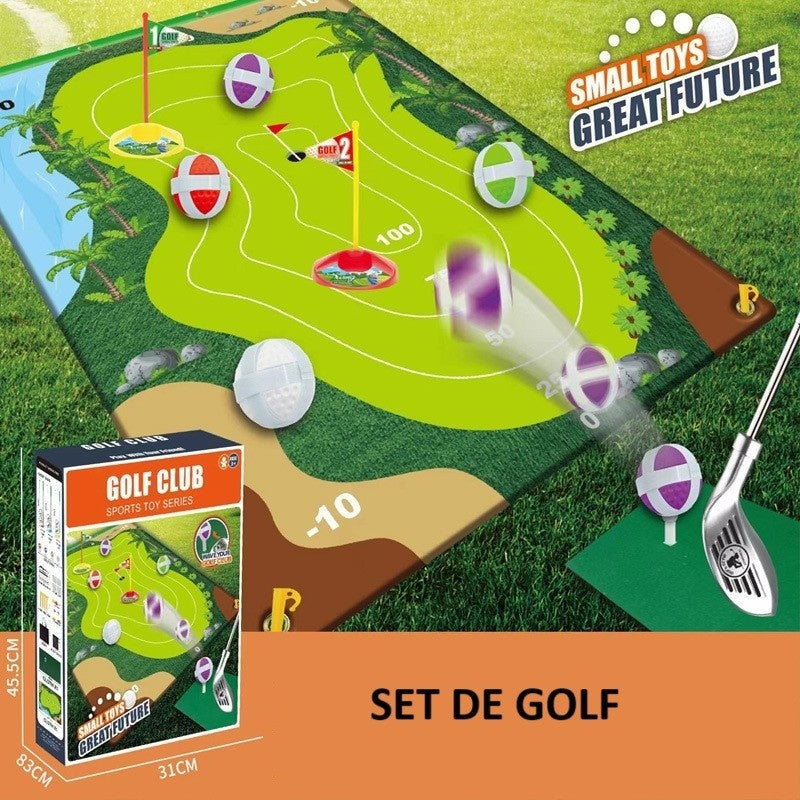 Set de Golf, Interactiune Parinte-Copil, Covor de Golf, 140 x 98 cm, 4 Mingii cu Scai, 3 Crose Reglabile, Model C, +3 Ani, Multicolor