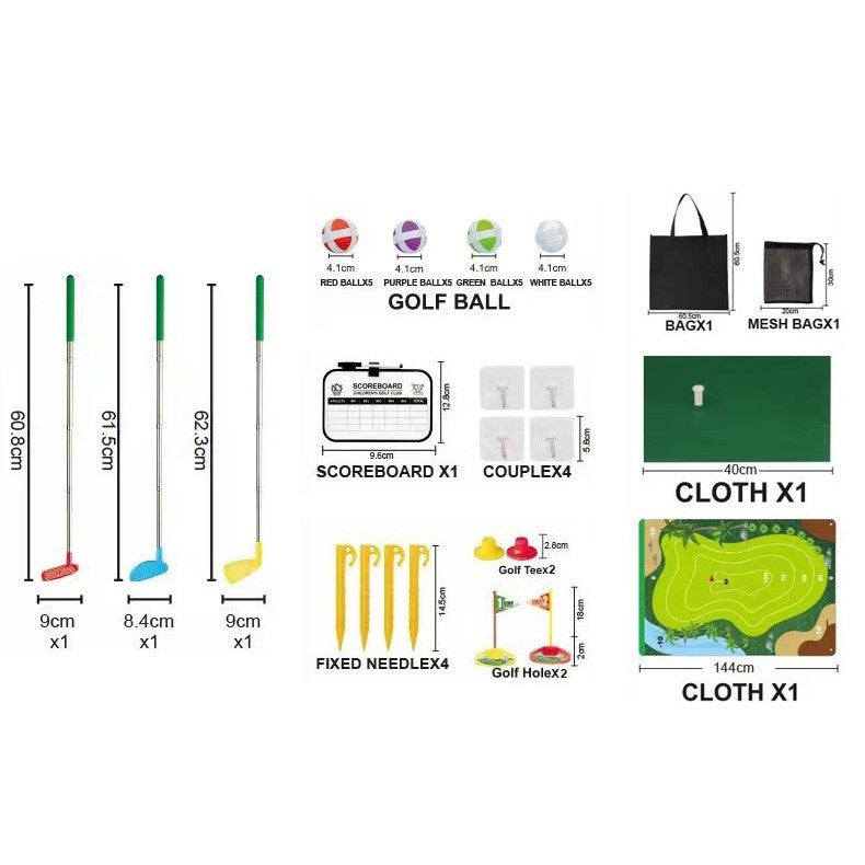 Set de Golf, Interactiune Parinte-Copil, Covor de Golf, 140 x 98 cm, 4 Mingii cu Scai, 3 Crose Reglabile, Model C, +3 Ani, Multicolor