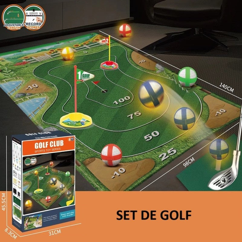 Set de Golf, Interactiune Parinte-Copil, Covor de Golf, 140 x 98 cm, 4 Mingii cu Scai, 3 Crose Reglabile, Model B, +3 Ani, Multicolor