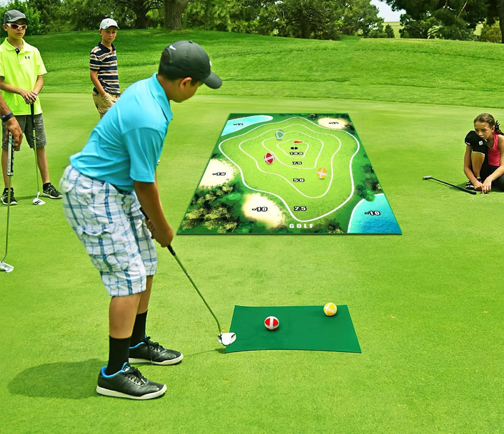 Set de Golf, Interactiune Parinte-Copil, Covor de Golf, 140 x 98 cm, 4 Mingii cu Scai, 3 Crose Reglabile, Model A, +3 Ani, Multicolor