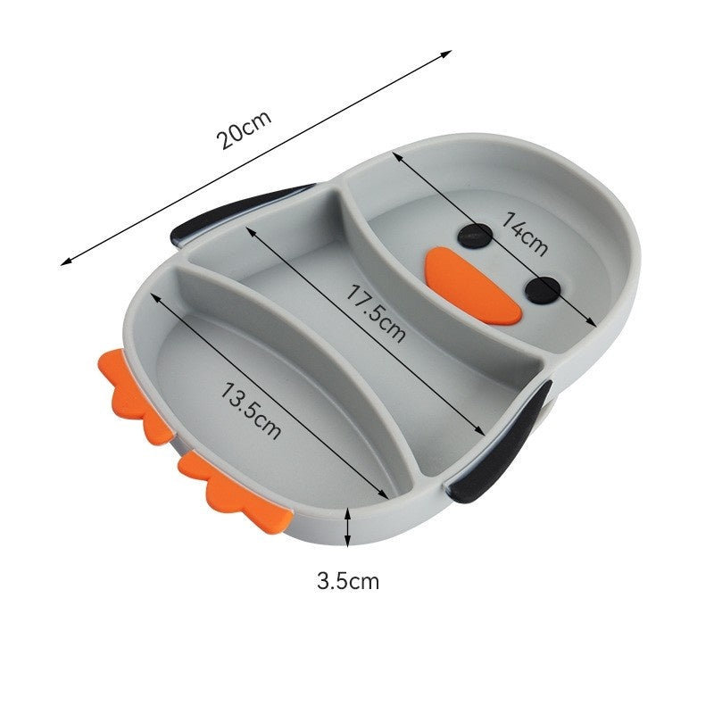 Set diversificare bebelusi din silicon, 1 farfurie compartimentata in forma de pinguin, lingurita si furculita, pai, perie pai, fara alergeni, ventuza fixare, gri
