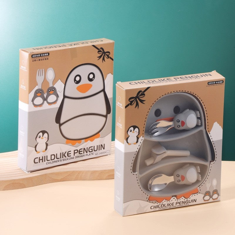 Set diversificare bebelusi din silicon, 1 farfurie compartimentata in forma de pinguin, lingurita si furculita, pai, perie pai, fara alergeni, ventuza fixare, gri