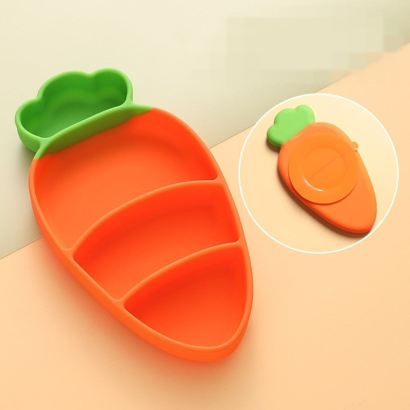 Set diversificare bebelusi din silicon, 1 farfurie compartimentata in forma de morcov, lingurita si furculita, pai, perie pai, fara alergeni, ventuza fixare