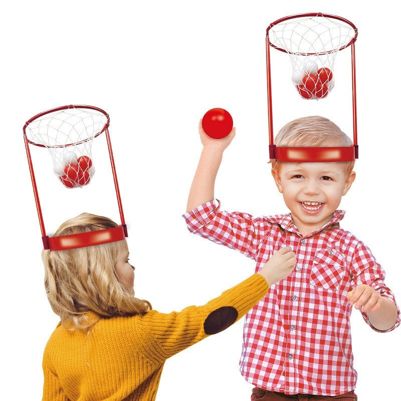 Set Interactiv pentru Copii, Joc cu Doua Cosuri de Baschet de Pus pe Cap, Joc Dublu, 20 de Mingi Albe si Rosii, Multicolor