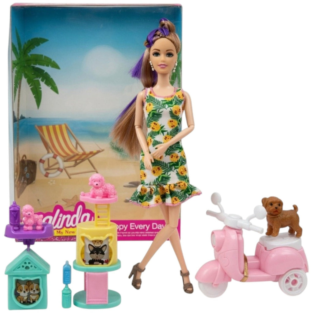 Set Joaca Cu Papusa, Scuter Roz, Catelus Si Elemente Decorative 3+ Ani, Roz