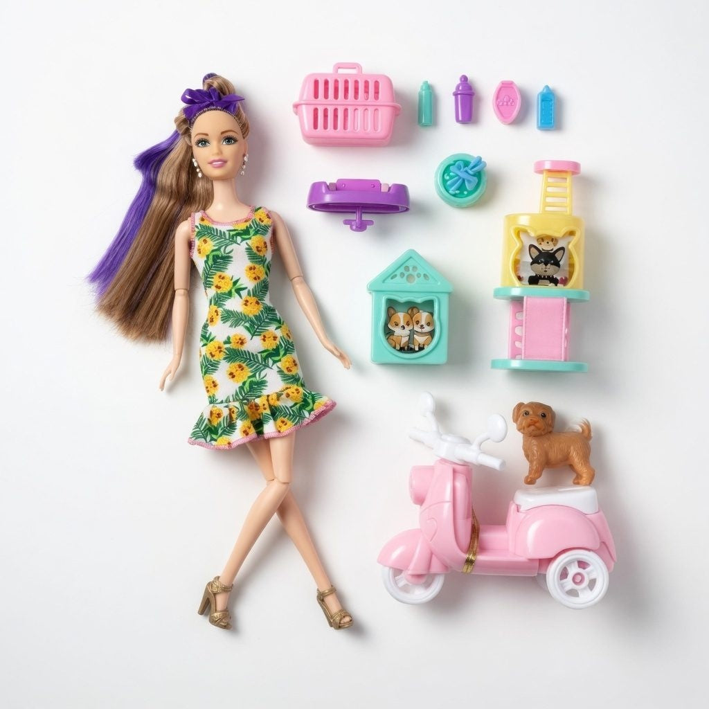 Set Joaca Cu Papusa, Scuter Roz, Catelus Si Elemente Decorative 3+ Ani, Roz