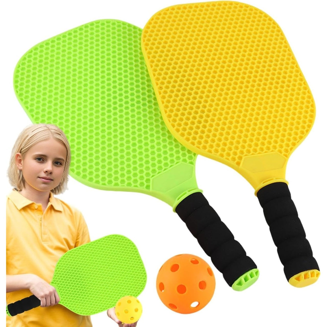Set Joc de Ping-Pong, 2 Palete, 1 Minge, + 6 Ani, 37.5 x 18 x 3 cm, Galben/Verde