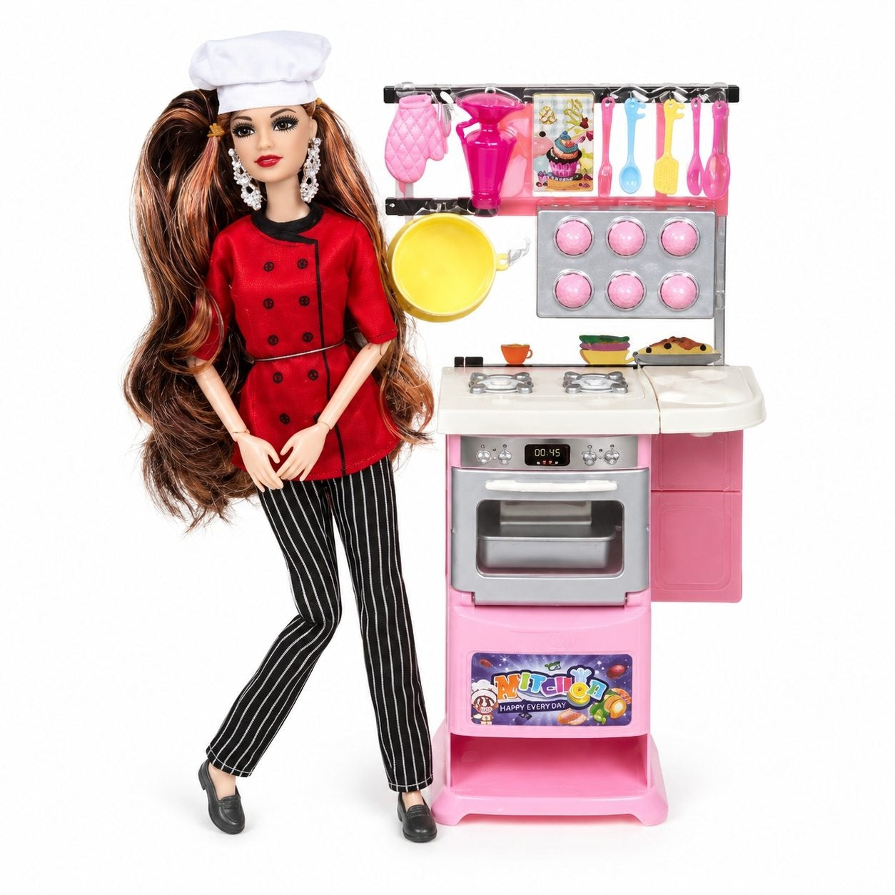 Set Jucarie cu Papusa Bucatareasa, Aragaz si Accesorii de Gatit, 3+ Ani