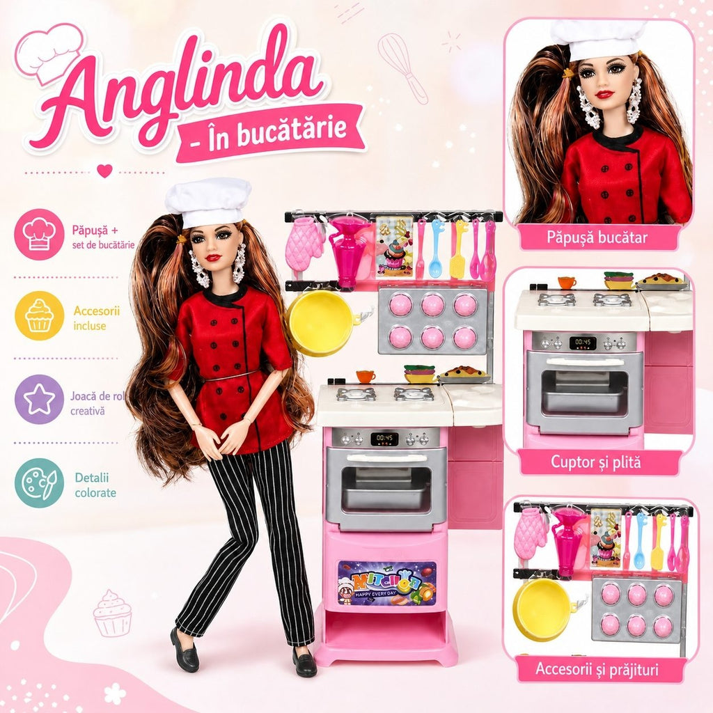 Set Jucarie cu Papusa Bucatareasa, Aragaz si Accesorii de Gatit, 3+ Ani