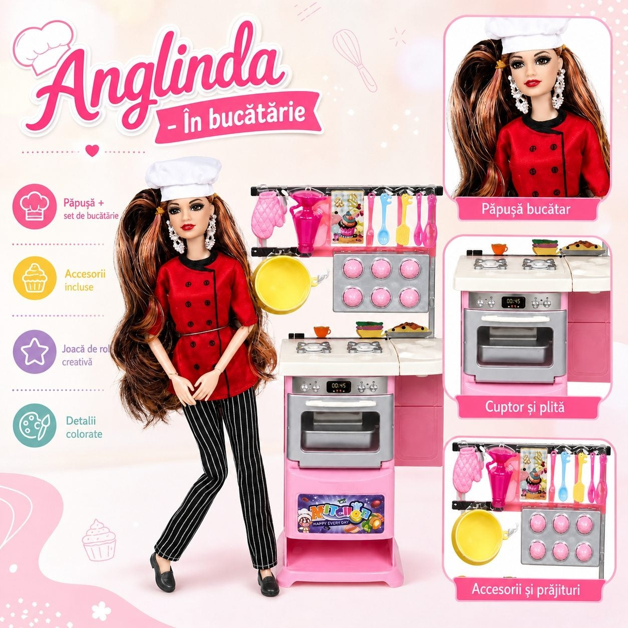 Set Jucarie cu Papusa Bucatareasa, Aragaz si Accesorii de Gatit, 3+ Ani