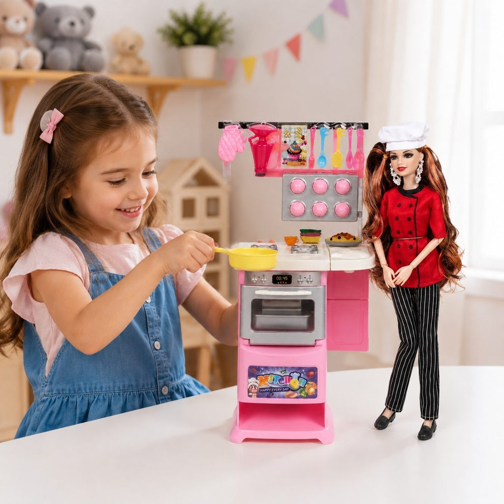 Set Jucarie cu Papusa Bucatareasa, Aragaz si Accesorii de Gatit, 3+ Ani