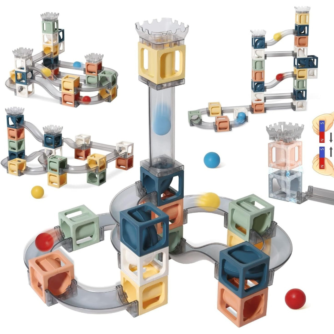 Set piese magnetice de constructie, Cu tobogane si bile, 41 piese, Multicolor