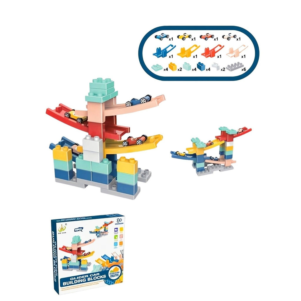 Set piese pentru constructie, Rampa auto, 30 piese, Masinute incluse