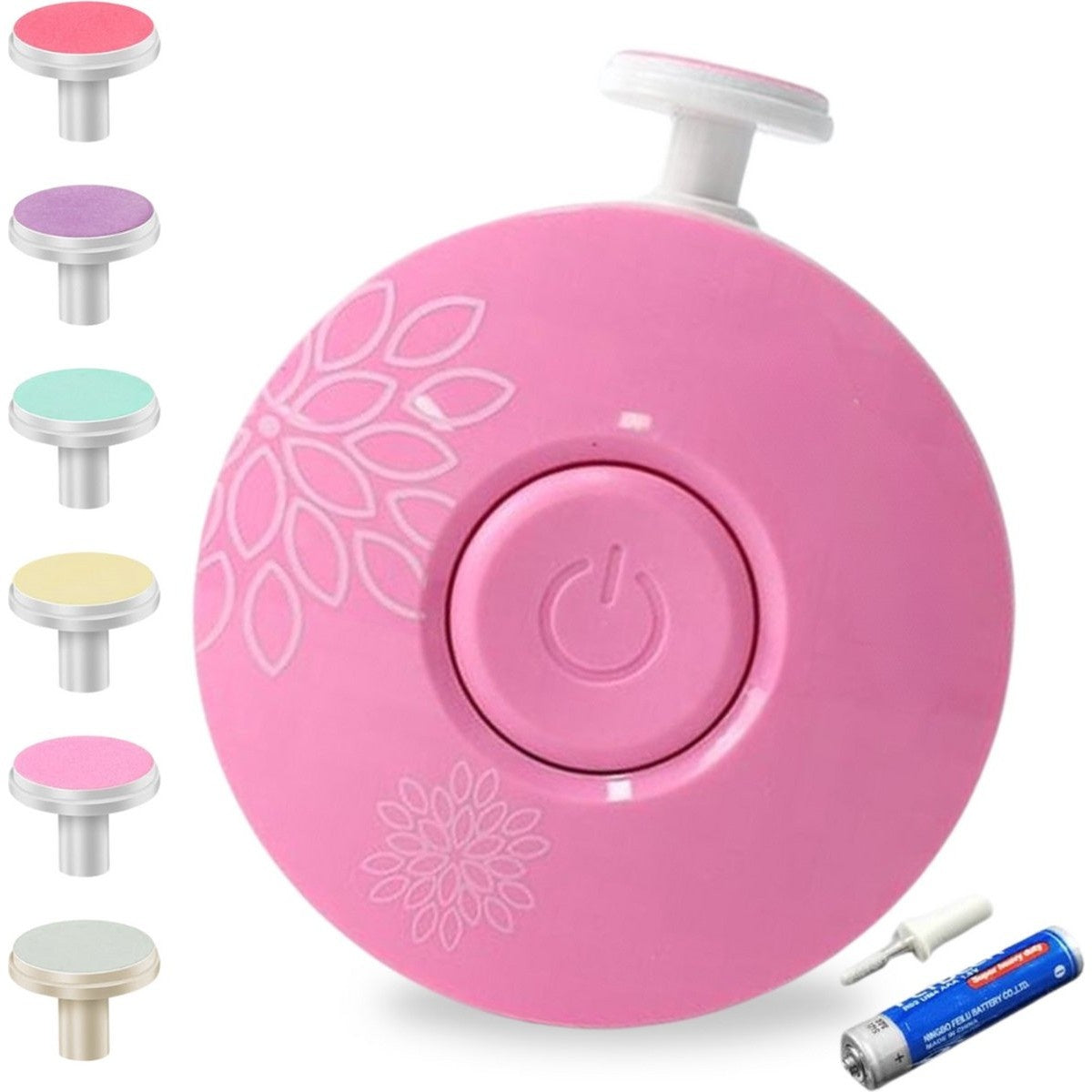 Set Pila Electrica cu Baterie, pentru Copii si Bebelusi, din ABS, 6 Accesorii, Model cu Flori, 6.5 x 1.8 cm, Roz
