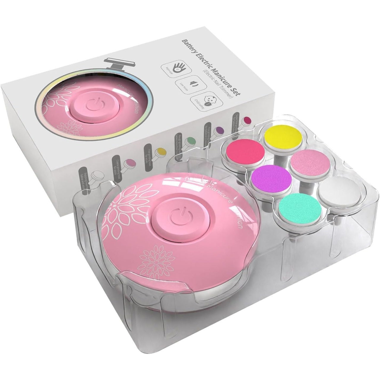 Set Pila Electrica cu Baterie, pentru Copii si Bebelusi, din ABS, 6 Accesorii, Model cu Flori, 6.5 x 1.8 cm, Roz