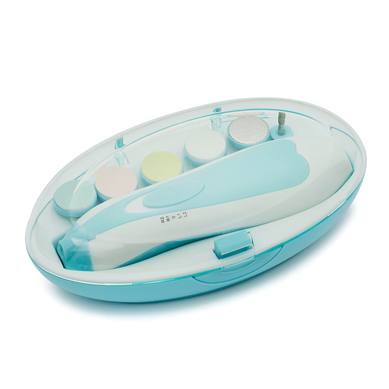 Set Pila Electrica pentru Copii si Bebelusi, ABS, 6 Accesorii, cu Lumina LED, Albastru Alb